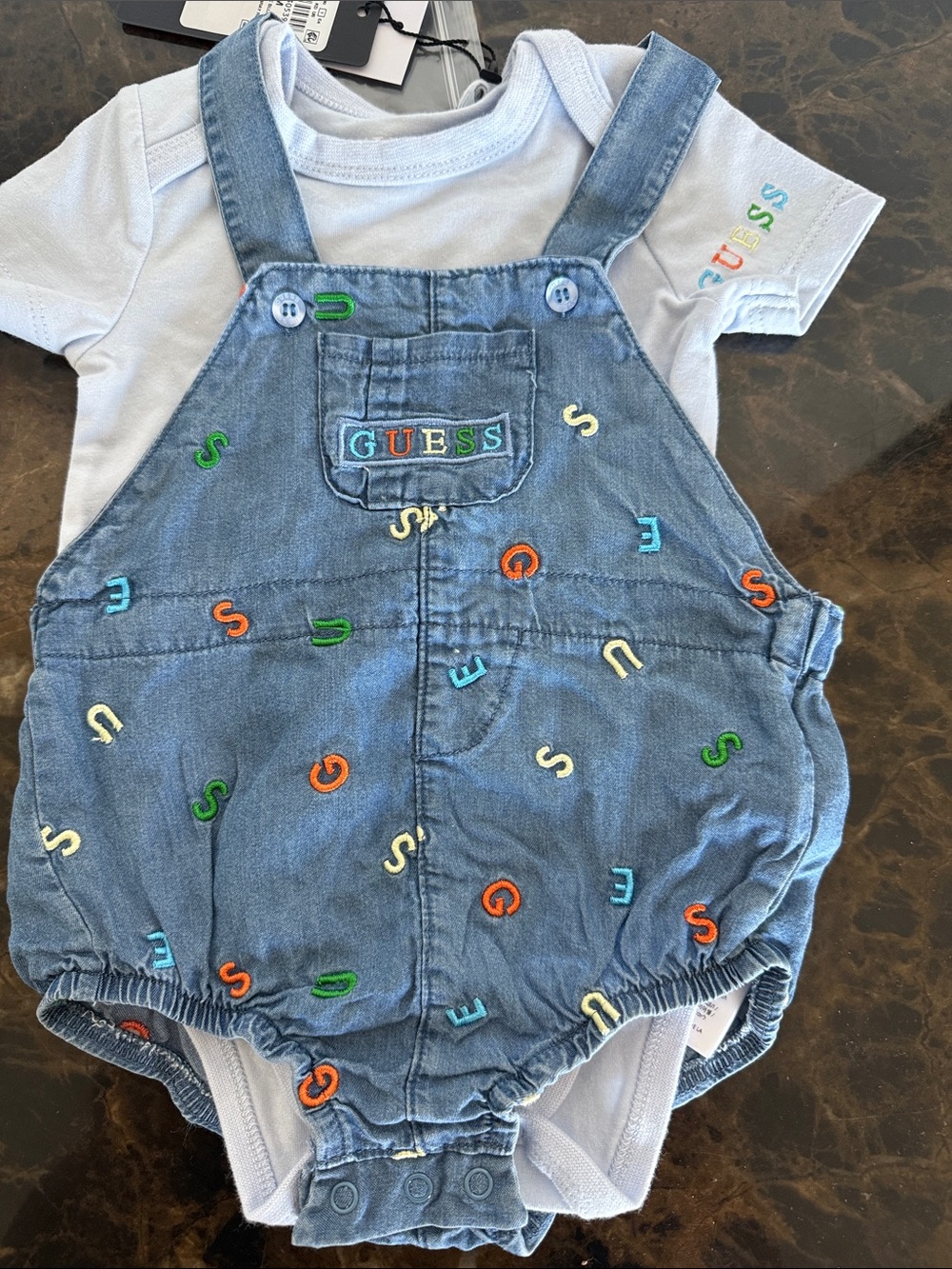 New! GUESS Denim Blue Baby Romper with Embroidered Letters Size 3/6 months